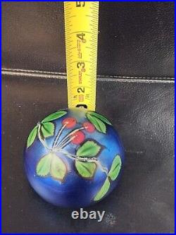 Beautiful Orient & Flume Blue Iridescent Cherry Art Glass Paperweight 1982