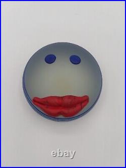 Borowski Art Glass Paperweight Smiley Face Red Lips Signed Blue Red Vintage