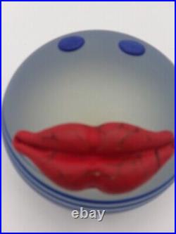 Borowski Art Glass Paperweight Smiley Face Red Lips Signed Blue Red Vintage