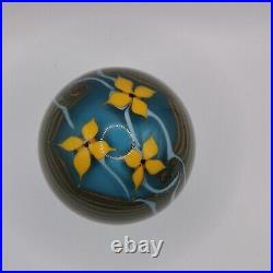 CHRIS BUZZINI / Bridgeton Studio 1978 Lampwork Floral Aqua Round Paperweight