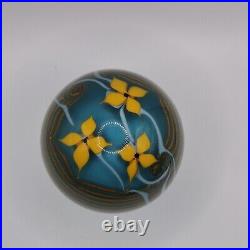 CHRIS BUZZINI / Bridgeton Studio 1978 Lampwork Floral Aqua Round Paperweight