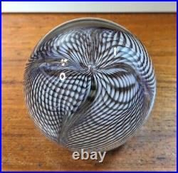 CORREIA Art Glass PAPERWEIGHT Signed Black & White Pulled Feather Stripes EUC