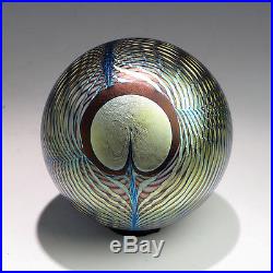 CORREIA PAPERWEIGHT Iridescent Blue Gold Peacock Feather 1979 Collectible