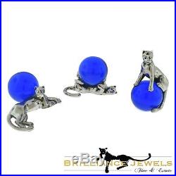 Cartier 3 Piece Silver & Blue Crystal Glass Panther Desk Paper Weight Ornaments