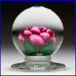 Charles Kaziun Junior pink crimp rose pedestal glass paperweight