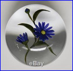 Chris Buzzine Lampwork Paperweight Blue Aster Flowers 1999 3 3/8