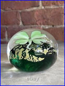 Chris Sherwin Art Glass Gold & Green Leaf clover Paperweight 2010 Signed