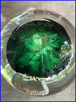 Chris Sherwin Art Glass Gold & Green Leaf clover Paperweight 2010 Signed