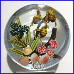 Colin Richardson paperweight flameworked orchids, mushrooms and butterfly