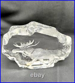Crystal Paperweight Statue Signed Mats Jonasson Etched Moose, Heavy, VTG 70's Rare