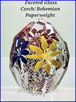 Czech Bohemian Faceted Floral Paperweight Controlled Bubbles