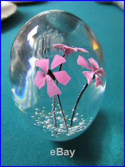 Daum France Crystal Paperweight Pink Flowers And Bubbles Signed 3 1/2