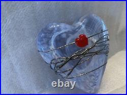 David Salazar Heart Shaped Paperweight signed White Swirl Red Heart W Lines
