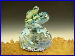 Dichroic Glass Art Mom (or Dad) and baby Frog Paperweight by Mazet Lampwork scul