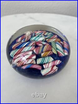 Ed Rithner Candy Cane Art Glass Paperweight Blue Bottom Millefiori OOAK