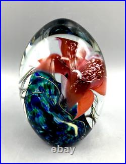 Eric Brakken Art Glass Paperweight 5.5 Orchid Design Signed 1993