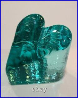 Fire and Light Glass Recycled Heart Signed Aqua Teal Paperweight Excellent