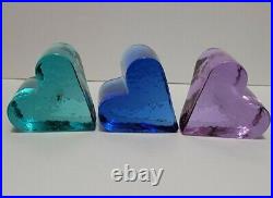 Fire and light Heart Teal, Cobalt Blue, lavender recycled glass set of 3 signed