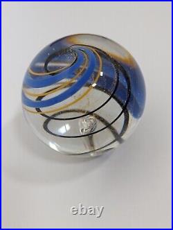 Glass Eye Studio Paperweight Signed Spiral Gold Dust Blue
