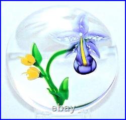 Gorgeous RANDALL GRUBB Bloomed ORCHID with Yellow FLOWERS Art Glass PAPERWEIGHT