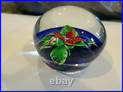 HTF Signed RON HANSEN Art Glass LAMPWORK Floral FLOWER Paperweight Cobalt Blue