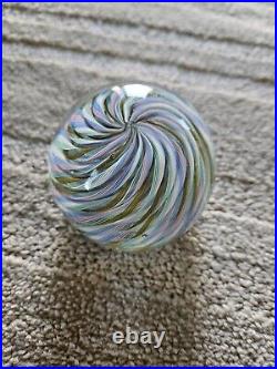Hand Blown Art Glass Paperweight Pastel Stripe Design Ropes Under Clear Base