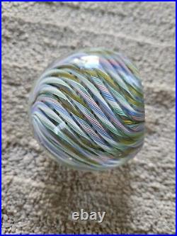 Hand Blown Art Glass Paperweight Pastel Stripe Design Ropes Under Clear Base