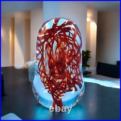 Hand-Blown Art Glass Paperweight Sculpture With Red Swirls & Artist Signature