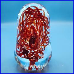 Hand-Blown Art Glass Paperweight Sculpture With Red Swirls & Artist Signature