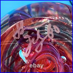 Hand-Blown Art Glass Paperweight Sculpture With Red Swirls & Artist Signature