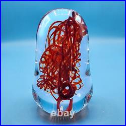 Hand-Blown Art Glass Paperweight Sculpture With Red Swirls & Artist Signature