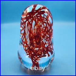 Hand-Blown Art Glass Paperweight Sculpture With Red Swirls & Artist Signature