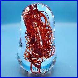 Hand-Blown Art Glass Paperweight Sculpture With Red Swirls & Artist Signature