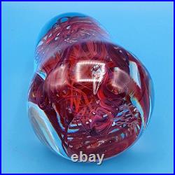 Hand-Blown Art Glass Paperweight Sculpture With Red Swirls & Artist Signature