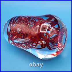 Hand-Blown Art Glass Paperweight Sculpture With Red Swirls & Artist Signature