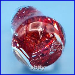 Hand-Blown Art Glass Paperweight Sculpture With Red Swirls & Artist Signature