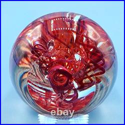 Hand-Blown Art Glass Paperweight Sculpture With Red Swirls & Artist Signature