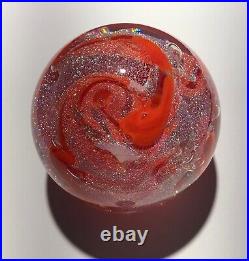 Handmade Dichroic Glass Paperweight by Janet Wolery RED/SILVER SWIRLS 3 1/2