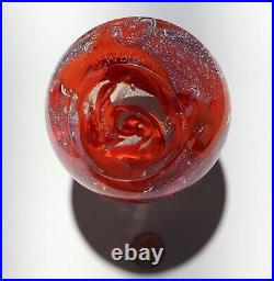 Handmade Dichroic Glass Paperweight by Janet Wolery RED/SILVER SWIRLS 3 1/2