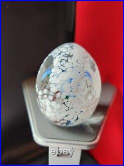 Harv Harris Signed Hand Blowen Glass Egg Paperweight Blue Flower Inside. AMAZING