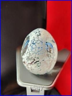 Harv Harris Signed Hand Blowen Glass Egg Paperweight Blue Flower Inside. AMAZING