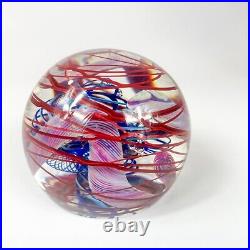 Henry Summa 2000 Art Glass Paperweight With Red Surface Swirl Blue Helix