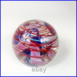 Henry Summa 2000 Art Glass Paperweight With Red Surface Swirl Blue Helix