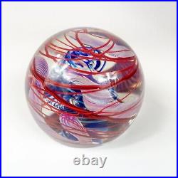 Henry Summa 2000 Art Glass Paperweight With Red Surface Swirl Blue Helix