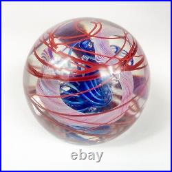 Henry Summa 2000 Art Glass Paperweight With Red Surface Swirl Blue Helix