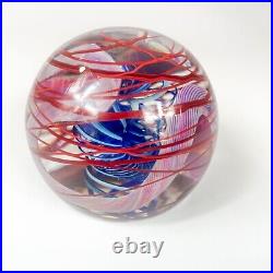 Henry Summa 2000 Art Glass Paperweight With Red Surface Swirl Blue Helix