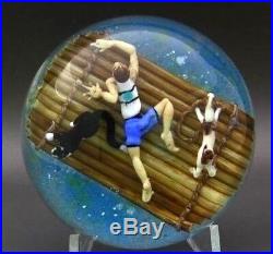JIM D'ONOFRIO Two Boys & Two Dogs on Boat Art Glass Paperweight, Apr 2.5Hx3W
