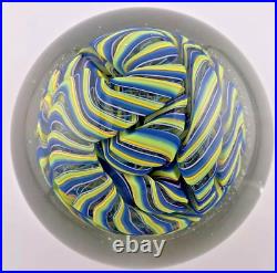 Jody Fine 3.5 Blue/Yellowith Green/Lilac Ribbon Glass Paperweight In Clear Signed