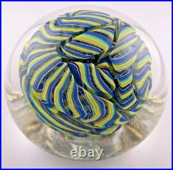 Jody Fine 3.5 Blue/Yellowith Green/Lilac Ribbon Glass Paperweight In Clear Signed