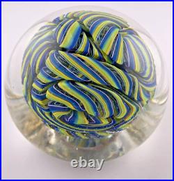 Jody Fine 3.5 Blue/Yellowith Green/Lilac Ribbon Glass Paperweight In Clear Signed